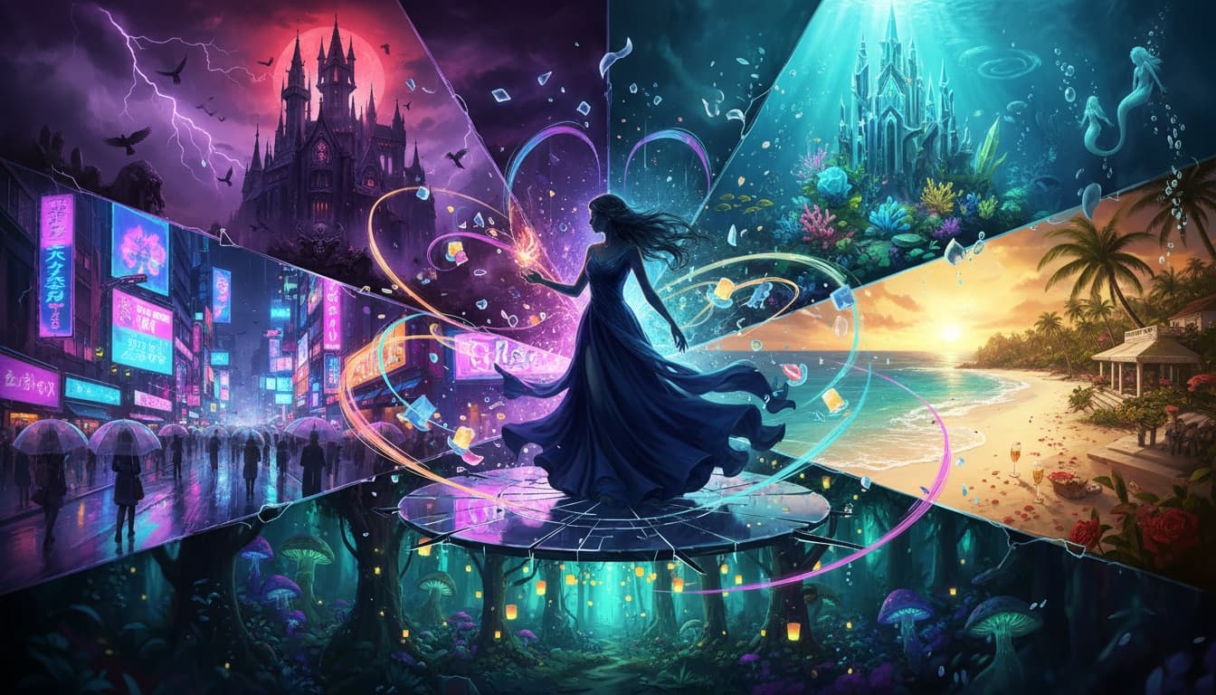 Various story settings from ballrooms to castles to beaches for creative storytelling